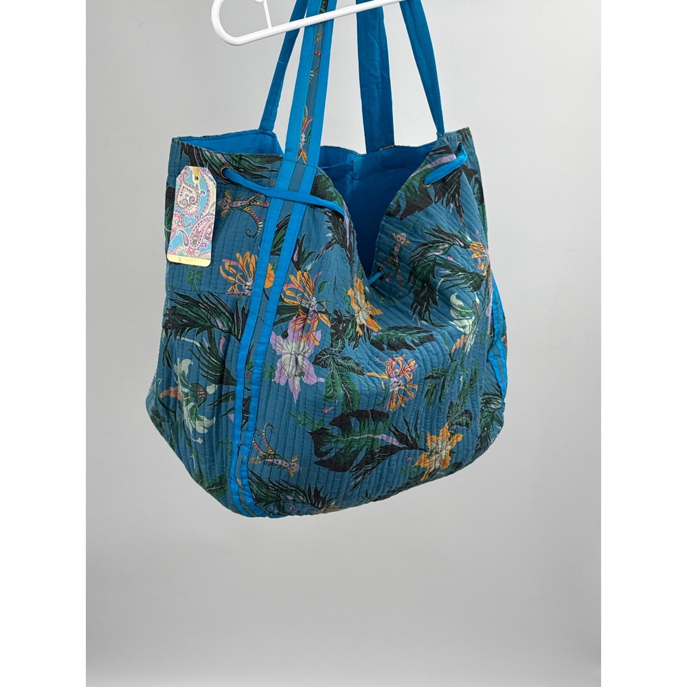 Tropical Floral Quilted Tote Bag Teal Blue Drawstring Tassel Shoulder Bag